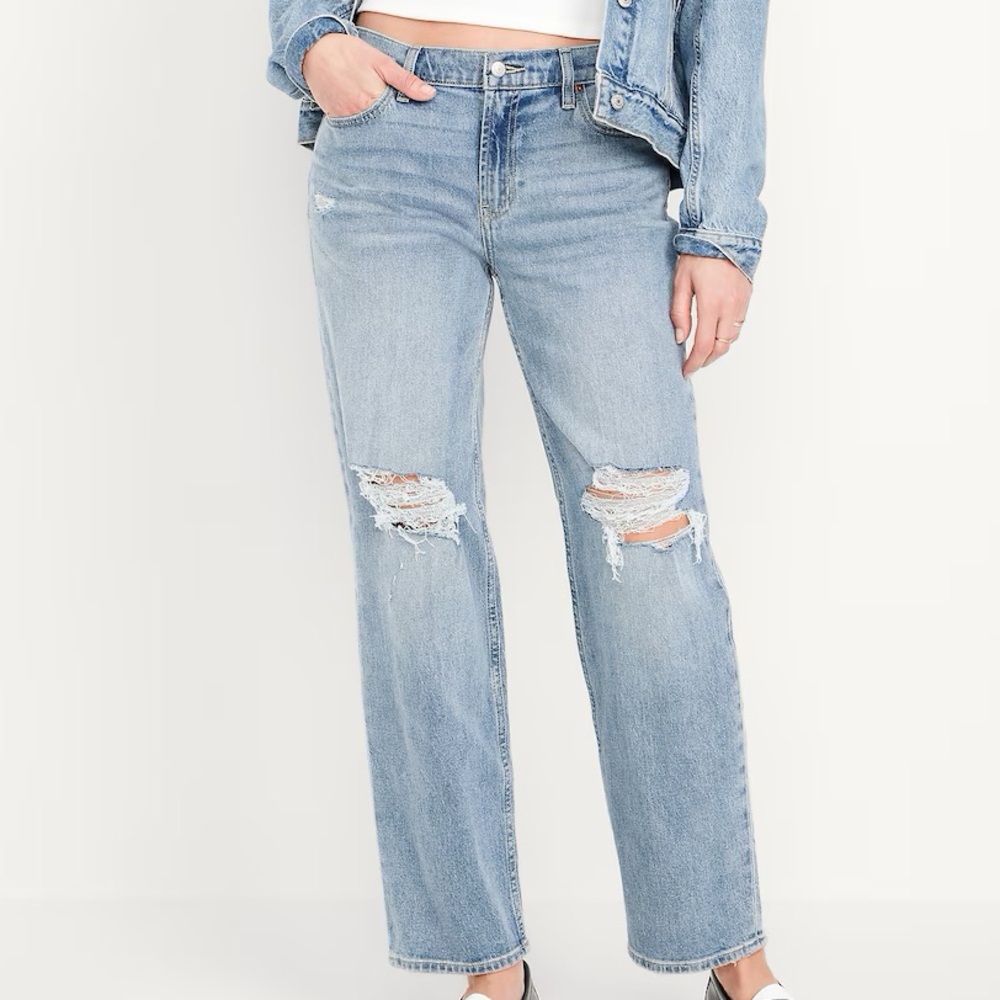 New Old Navy Stylish Blue Distressed Women's Mid-rise Boyfriend Loose Jeans